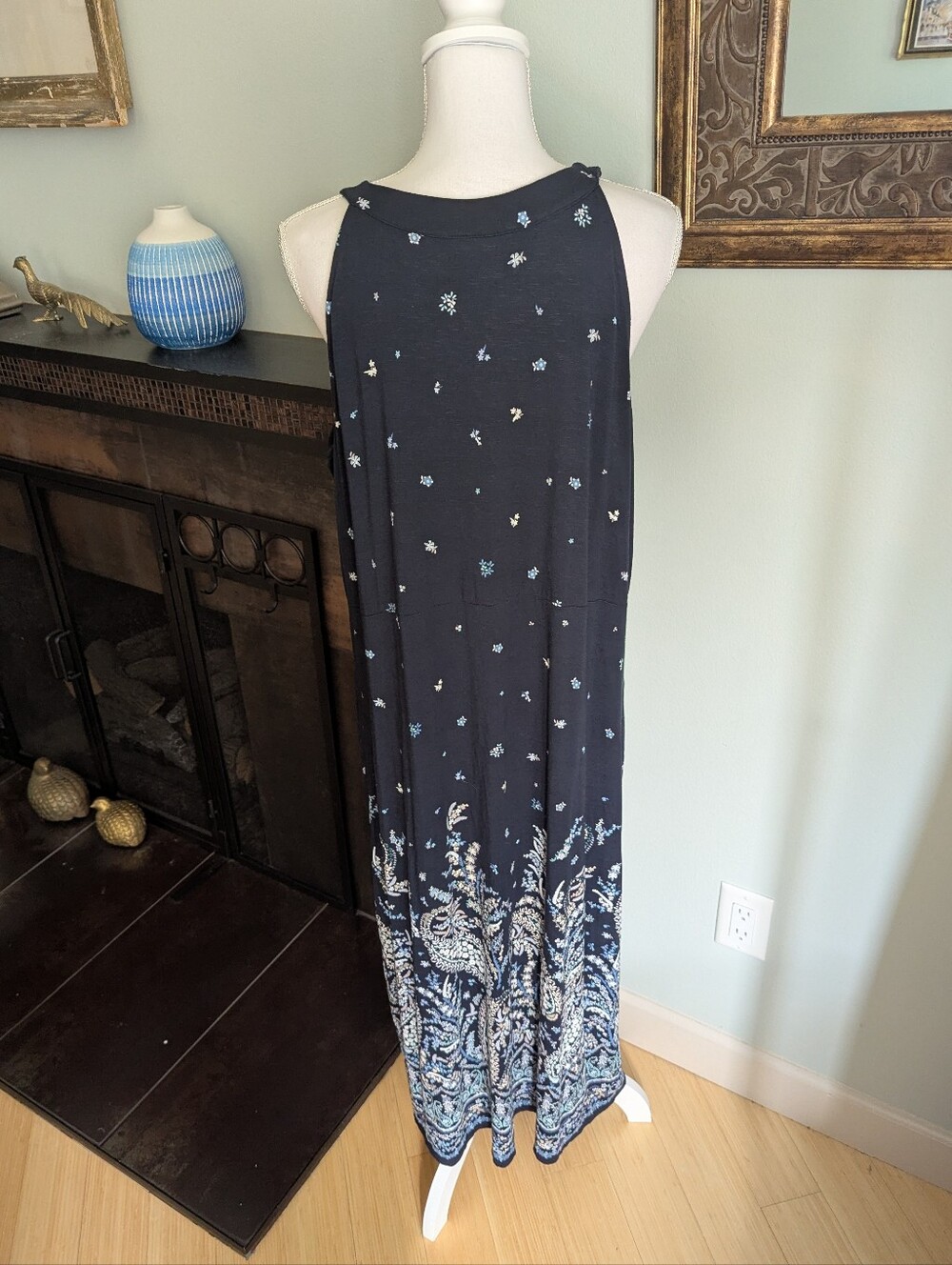 J.Jill Women's Large Paisley Floral Sleeveless Maxi Dress Navy Blue Jersey Knit - Picture 5 of 11